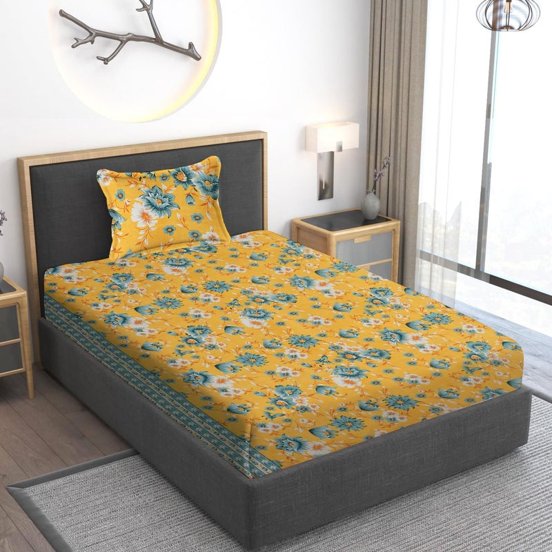 STARNSTYLE 220 TC Microfiber Floral Printed Single Bedsheet with Pillow Cover - Gold Grey - Image 1